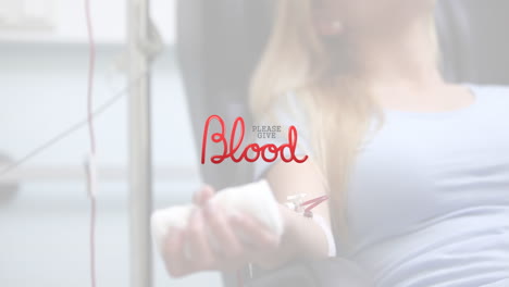 animation of please give blood text over caucasian female patient