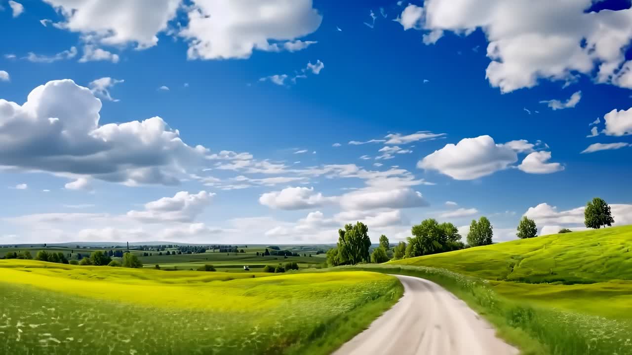 Aerial video view of a winding dirt road through lush green fields under a vibrant blue sky