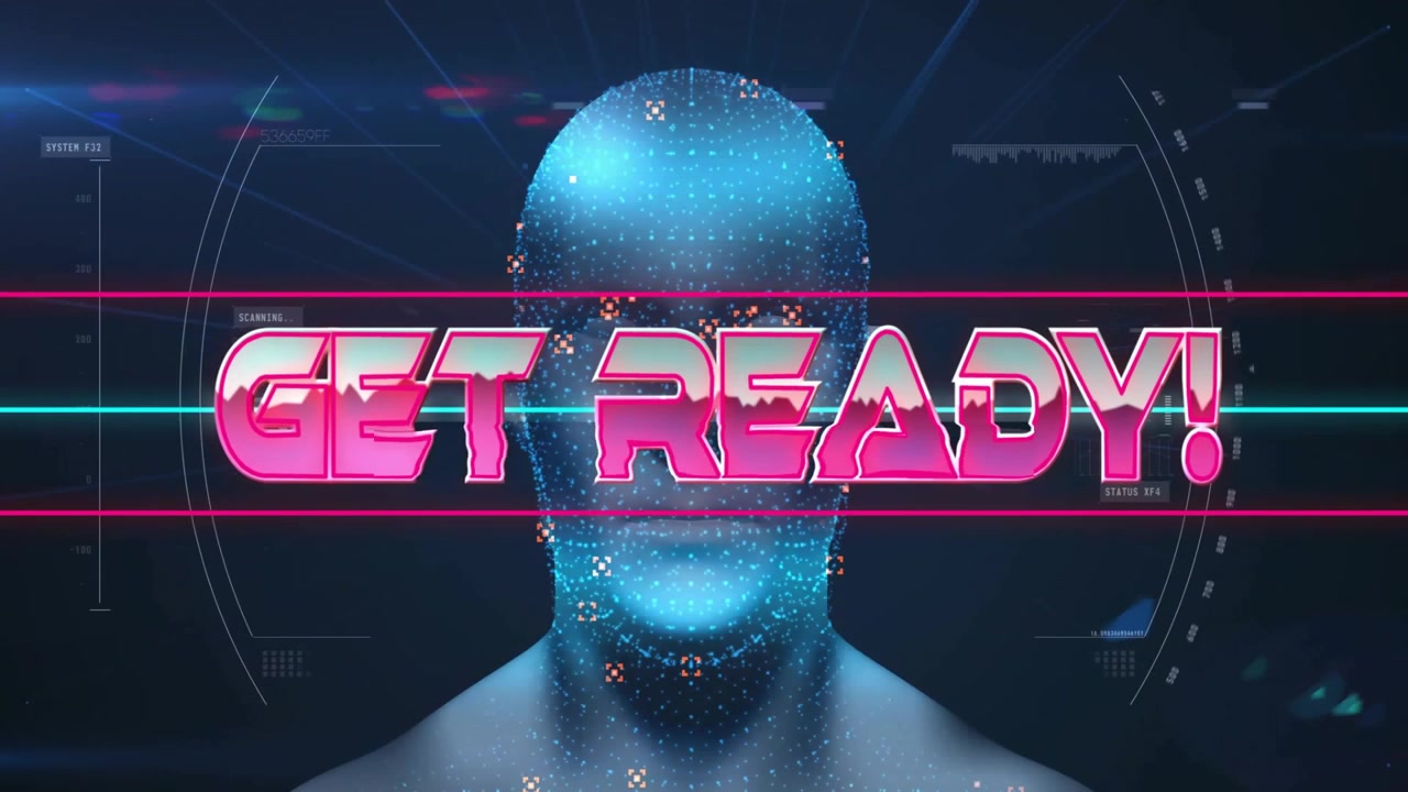 Grafica "GET READY" rosa neon che si ingrandisce, avviando un raggio di scansione che mappa nodi rossi su un modello di testa