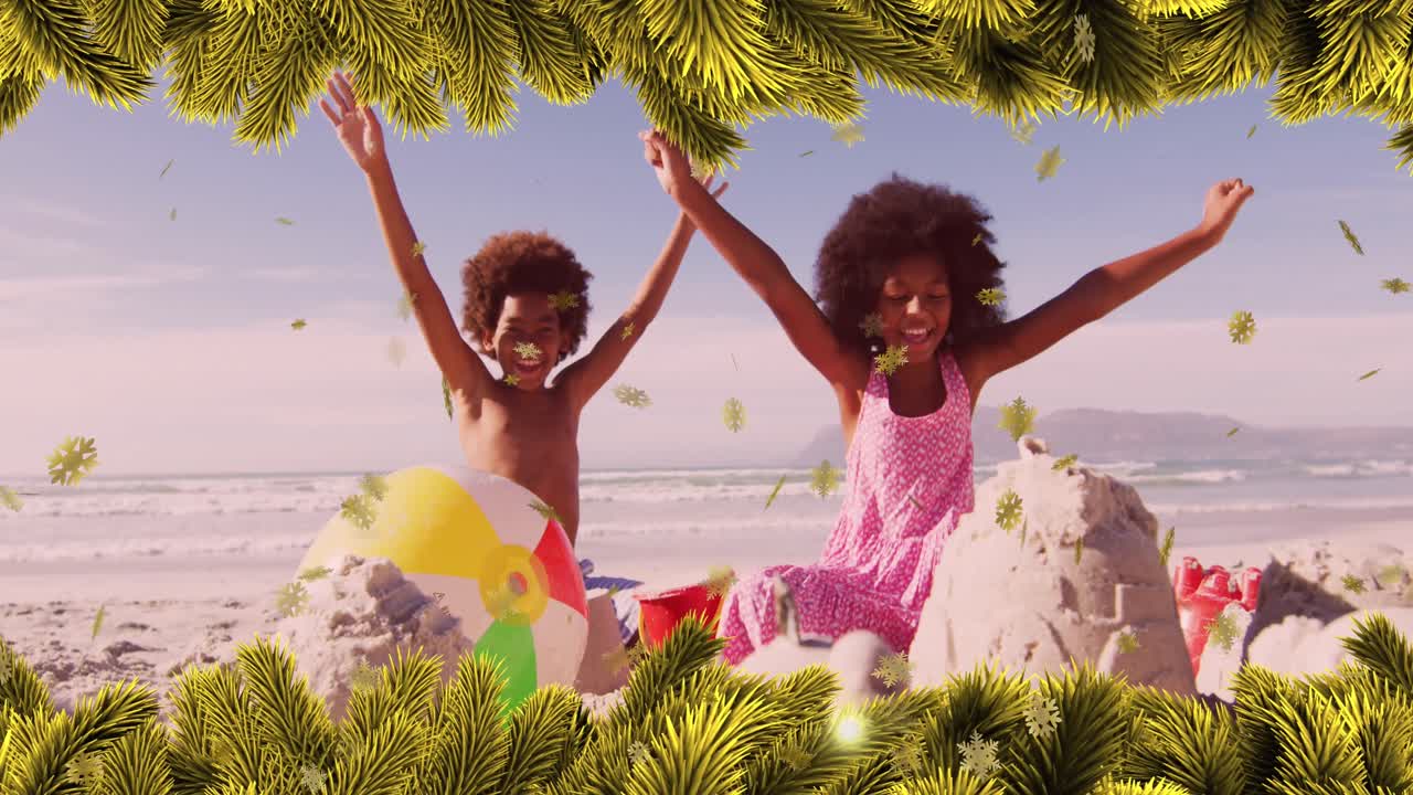 Animazione con cornice ad albero di abete su bambini afroamericani felici in spiaggia