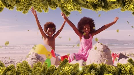 animation of fir tree frame over happy african american kids on beach