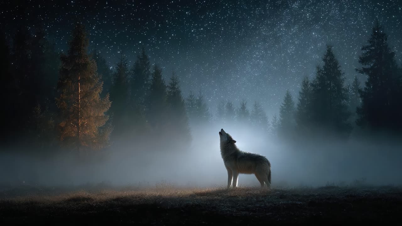 A Majestic Wolf Howls Under a Starlit Sky Surrounded by Enchanted Misty Forest, Capturing the Spirit of Wilderness and Nature's Serenity
