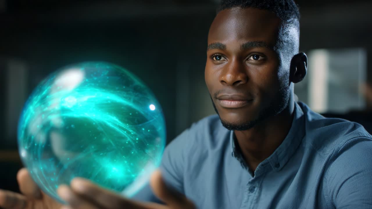 A captivated individual gazes intently at a glowing spherical object, radiating a mesmerizing ethereal light, showcasing feelings of wonder and fascination in this enchanting moment of exploration and discovery