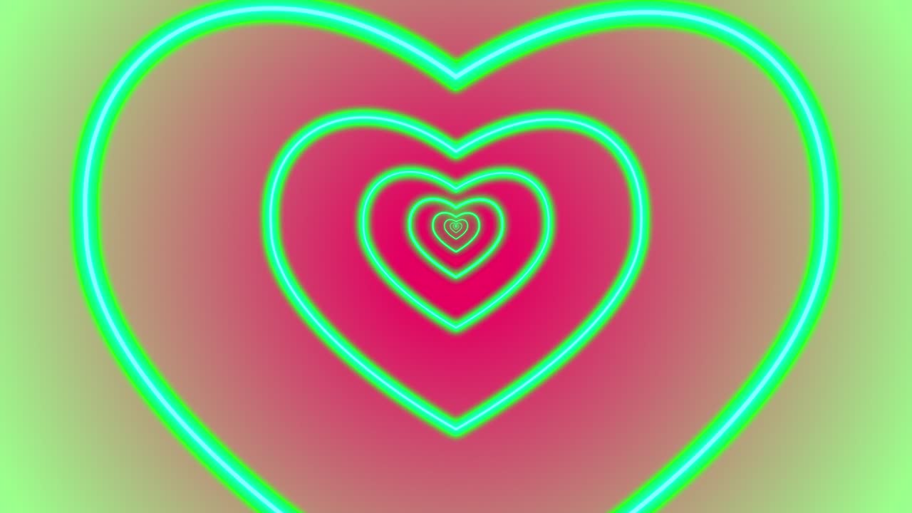 심장 로맨스 사랑 애니메이션 발렌타인 데이 네온 빛 터널 포털 시각 효과 배경 추상적인 색 빨간색 녹색