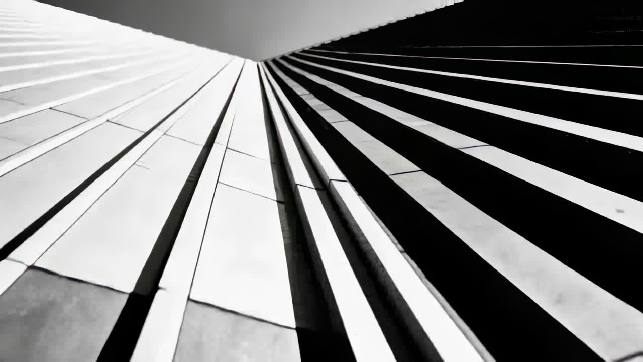 Revealing vertical finned facade, camera starting slow upward tilt and zoom in plaza, with shadows
