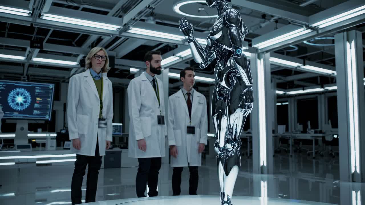 Futuristic lab scene with scientists observing a humanoid robot