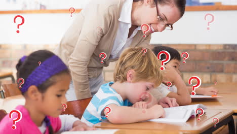 animación de signos de interrogación rojos sobre maestras de escuela primaria y alumnos diversos en la clase