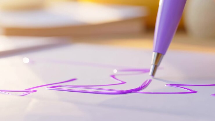 Metal-tipped purple pen glides over bright paper as raised violet lines extend across the page, with shallow focus, soft golden light, and a low-angle view emphasizing glossy texture.
