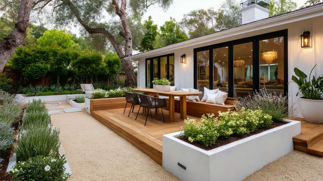 Splendida area patio esterna con legno naturale, vegetazione lussureggiante, arredi accoglienti e un'atmosfera invitante per il relax e le occasioni speciali