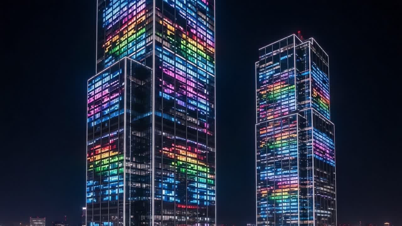 Vibrant Nightscape of Illuminated Skyscrapers Showcasing Dynamic Color Displays Against a Dark Sky, Capturing the Beauty of Urban Architecture and Modern Design