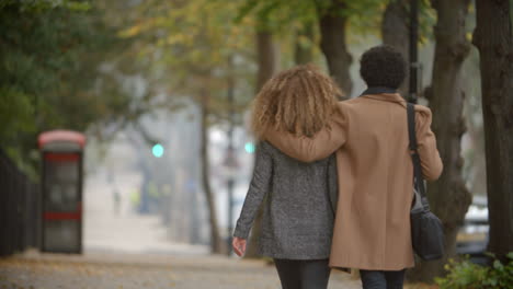 Vista-Trasera-De-La-Pareja-Romántica-Caminando-En-Fall-Street-En-La-Ciudad