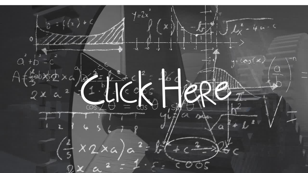 Animation of click here over black background with math formulas
