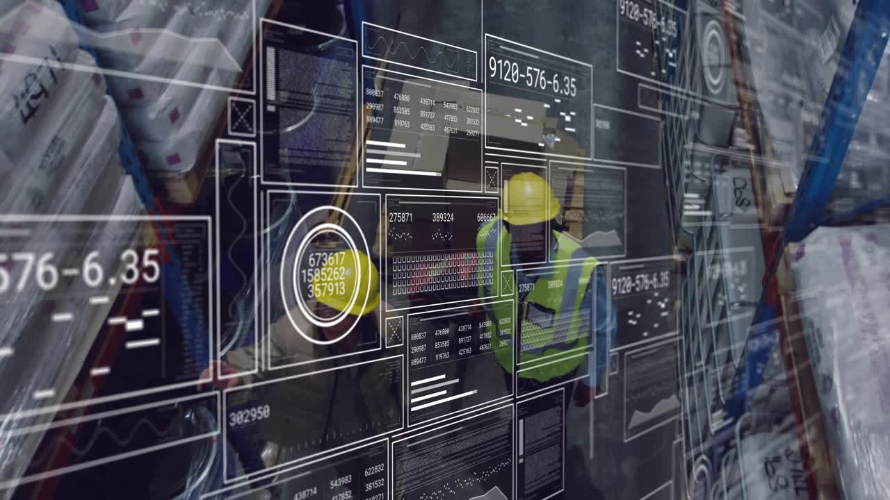 Two warehouse workers walking aisle, consulting handheld and causing HUD panels to update SKU codes