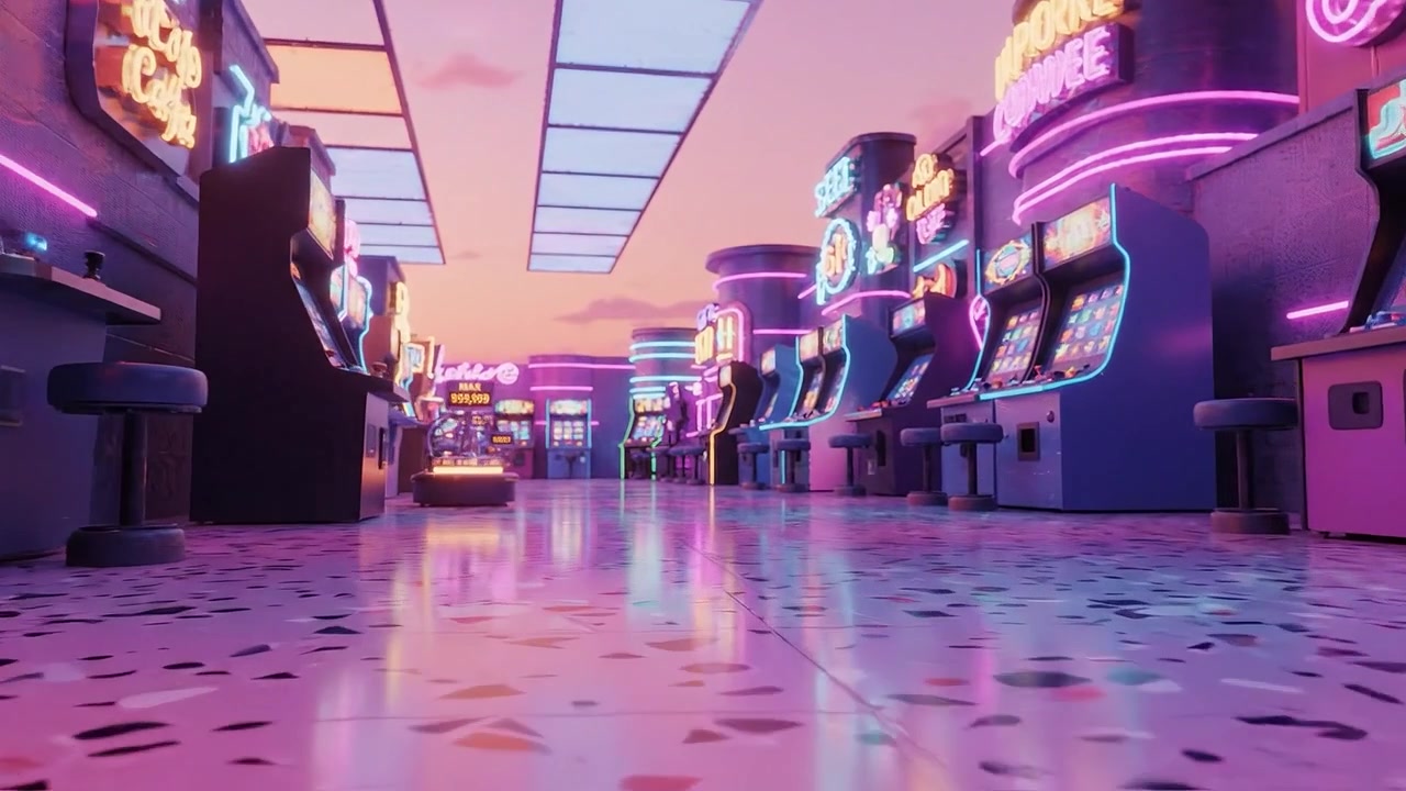 Scena di sala giochi illuminata con slot machine e vivaci luci al neon che si riflettono sul pavimento, piena di un'atmosfera di gioco colorata al crepuscolo.