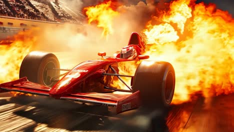 a red race car on fire in a race track