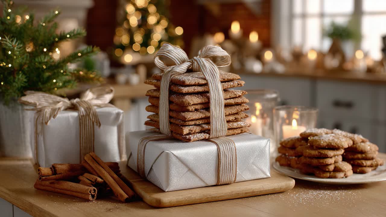 Eine festliche Präsentation von selbstgemachten Lebkuchen, wunderschön verpackten Geschenken und Zimtstangen, perfekt in Szene gesetzt vor einer gemütlichen Feiertagskulisse