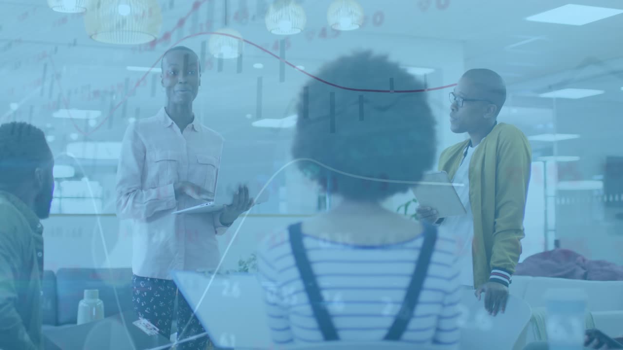 Presenter in pink shirt stepping forward with tablet and guiding business talk as coworkers nod