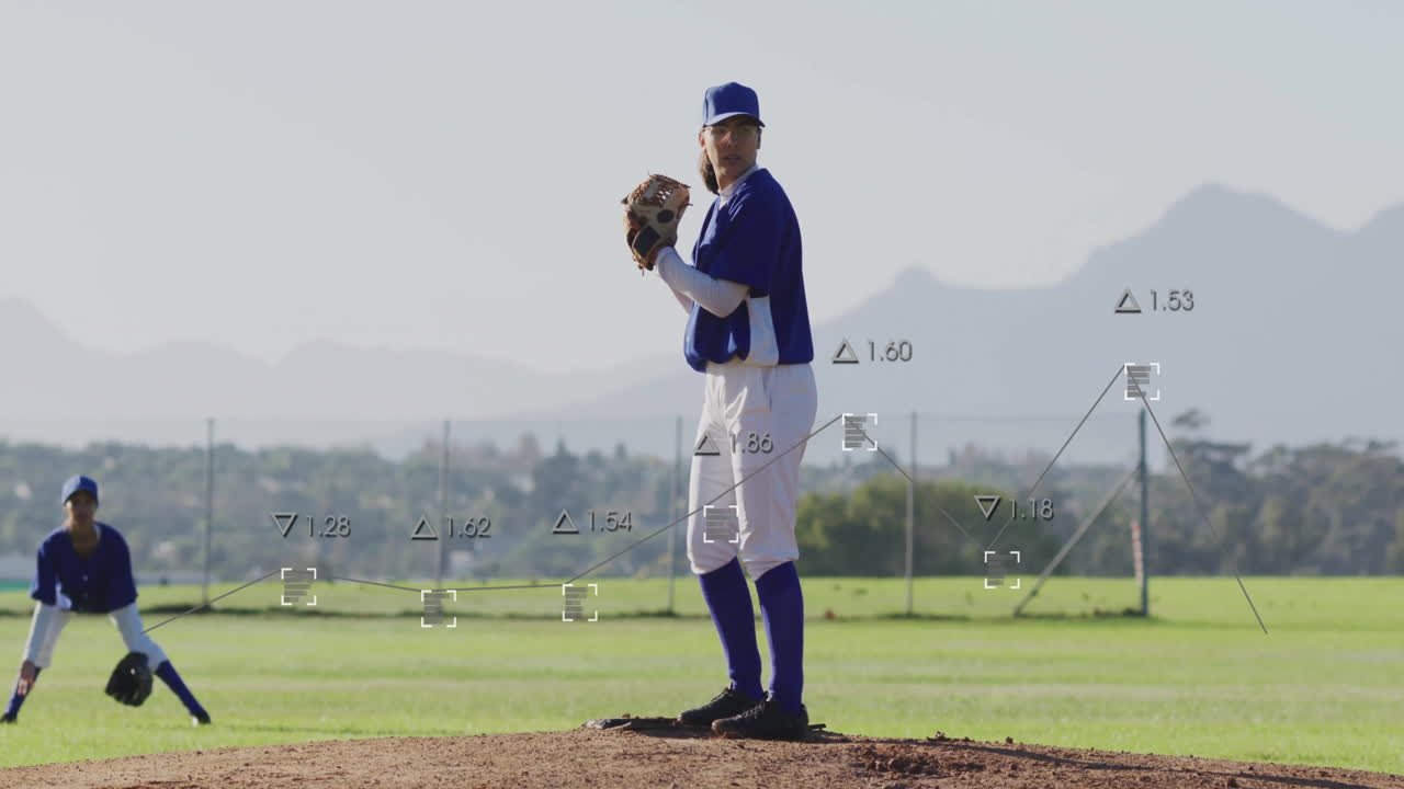 Pitcher throwing baseball on mound, fielder crouching in outfield, showing sports tech AR metrics