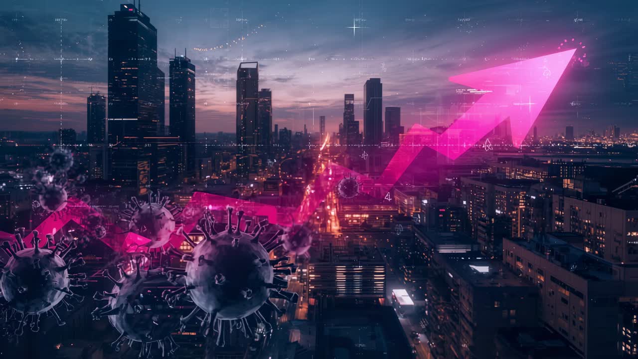 Animating overlay tracing magenta line rising over dusk skyline with virus spheres appearing