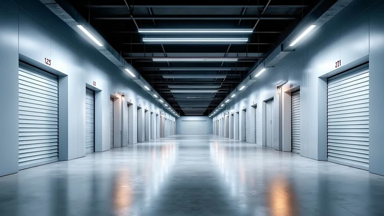 A long hallway in a storage unit with doors open