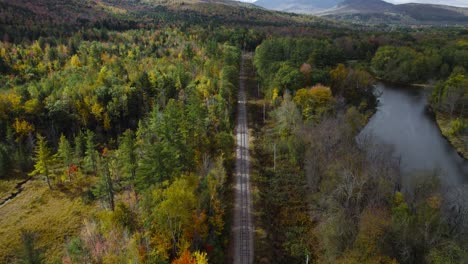 flying over railroad track near river during colorful autumn forest
