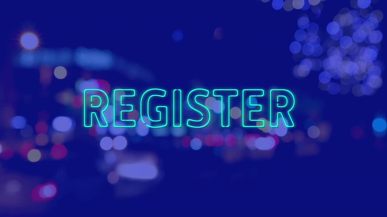 Animation of register text over cityscape at night on blue background