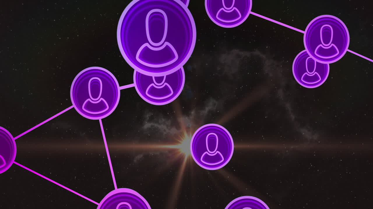 Animation of purple network icons connecting over starry night sky background