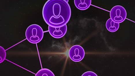 animation of purple network icons connecting over starry night sky background