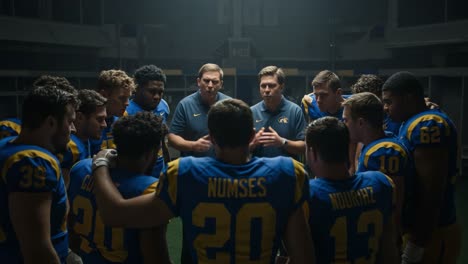 a powerful pre-game moment: a football team gathers for inspiration and strategy before the big game in an intense locker room huddle