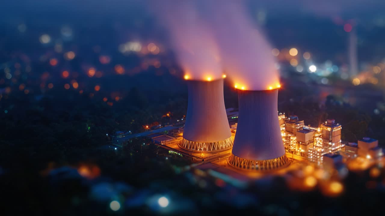 Torri di raffreddamento illuminate di notte con emissione di vapore in un complesso industriale, che mettono in risalto l'infrastruttura energetica urbana e la tecnologia moderna in primo piano