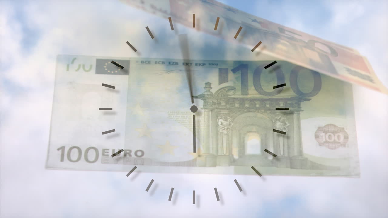 цифровая анимация тикающих часов над банкнотами евро, плавающими на облаках в небе