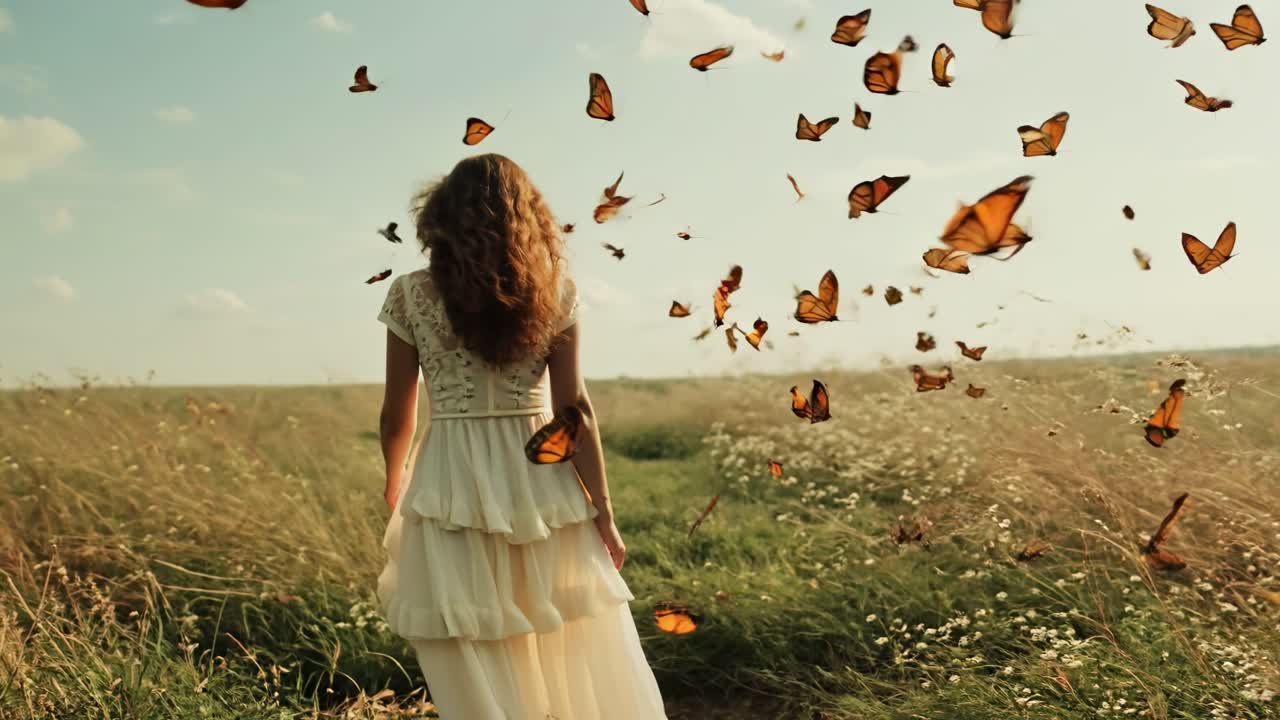 Una scena video sognante cattura una donna con un abito fluente da un'angolazione posteriore.