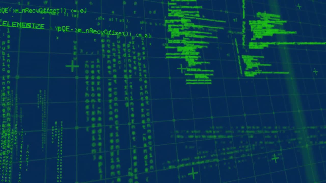 Animation of data processing over grid on blue background