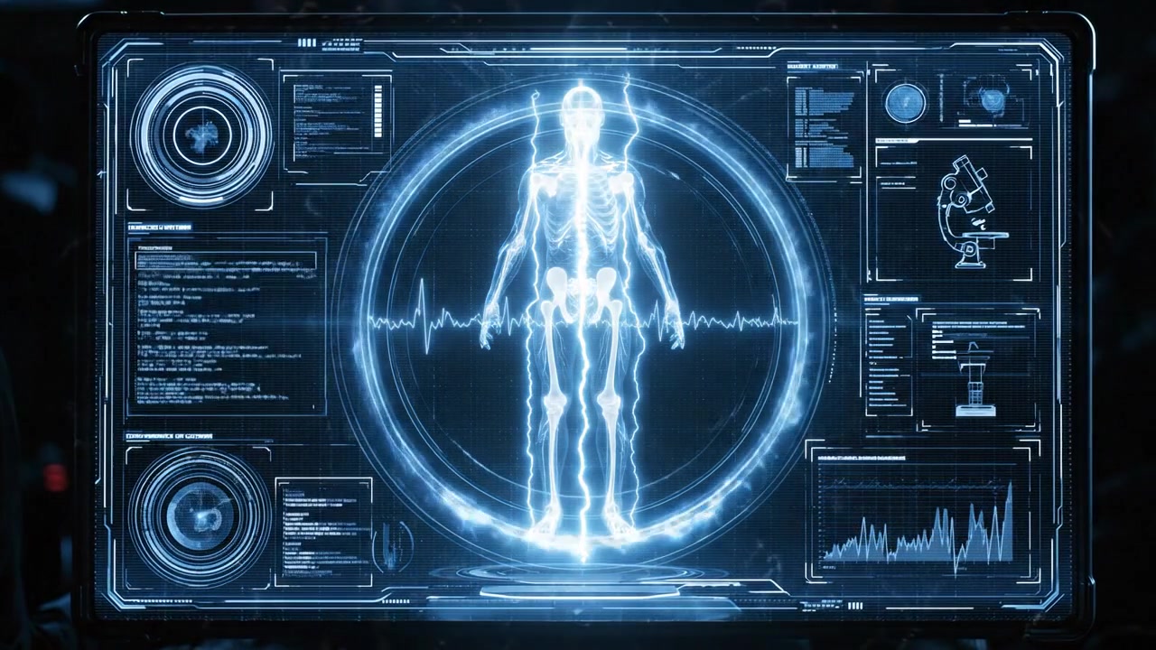 Digital medical interface displaying a full human body scan in detailed scientific footage