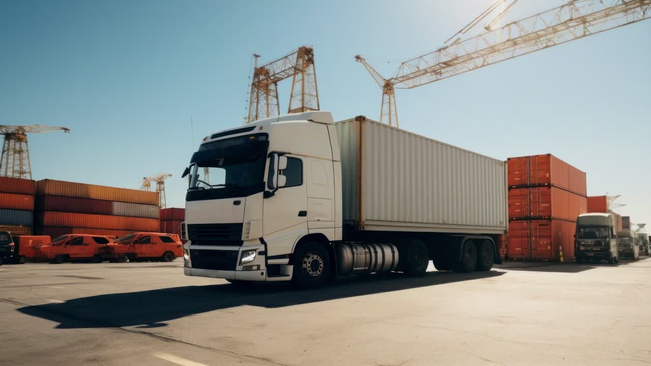 Low-angle video shot of a white cargo truck in an industrial port setting, surrounded by containers