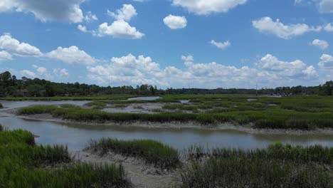 Volar-Sobre-La-Orilla-De-Una-Zona-De-Humedales-Es-Marea-Baja-En-Un-Día-Soleado-De-Verano-En-Carolina-Del-Sur