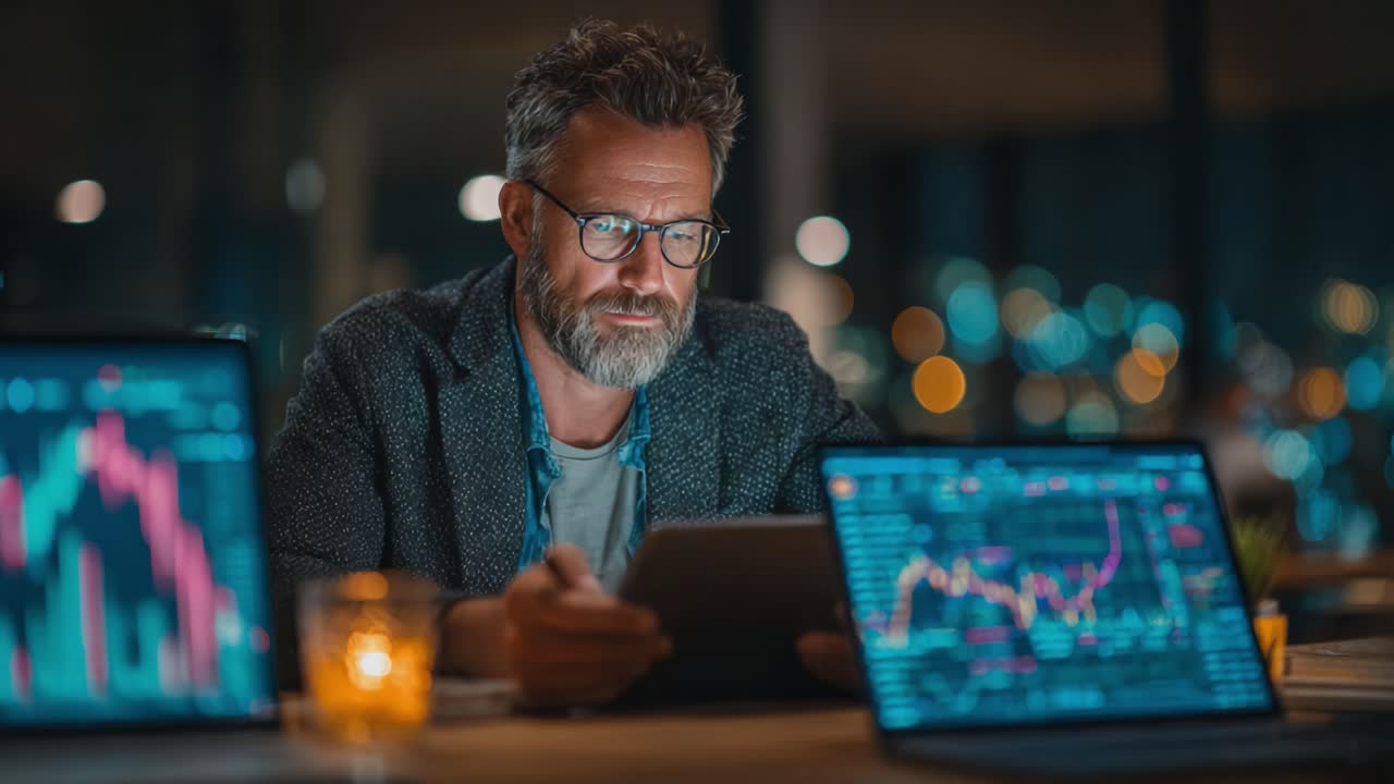 A focused man analyzes financial data and trends using a tablet in a modern workspace, surrounded by glowing screens displaying market information against a warm ambiance