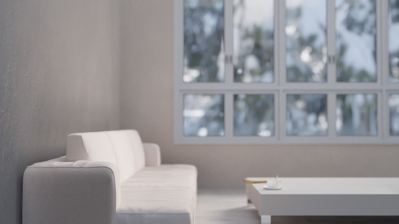 fondo en bucle desenfocado animación interior blanca. ventana de invierno bosque nevado en el fondo. renderizado en 3d. reemplazo del concepto de fondo de pantalla verde