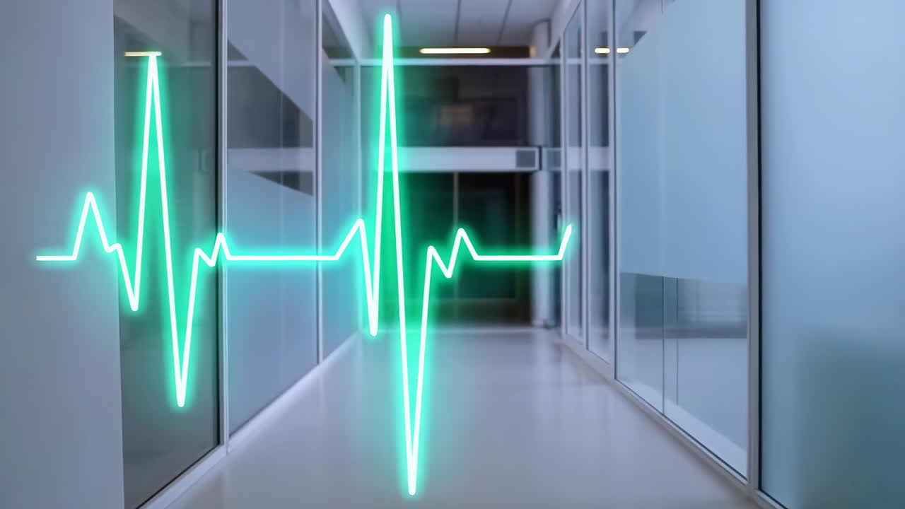 Tracciato Cardiaco al Neon in un Moderno Corridoio Medico