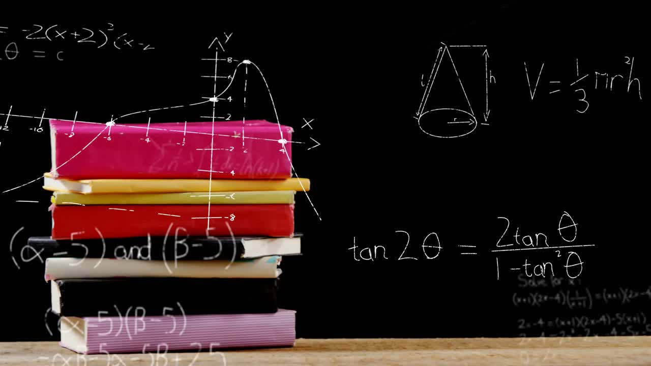 Mathematical equations floating against stack of books on wooden surface