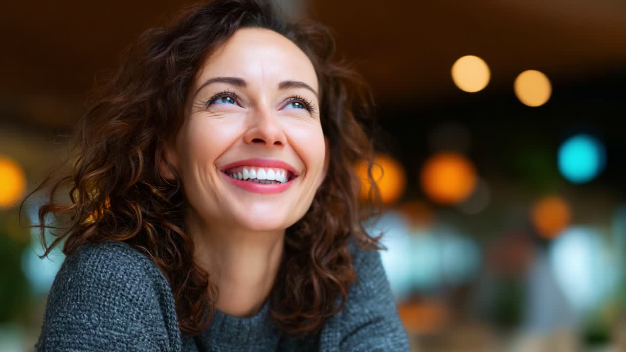 Una mujer alegre con el pelo rizado sonríe radiante, transmitiendo felicidad y calidez, mostrando una atmósfera vibrante llena de iluminación suave y colores encantadores