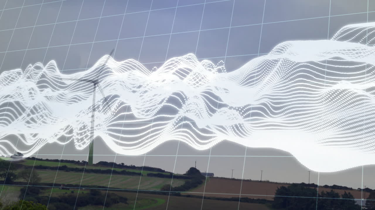 풍력 터빈이 시골 풍경에서 회전하고 배경에는 데이터 파동 애니메이션이 있습니다.