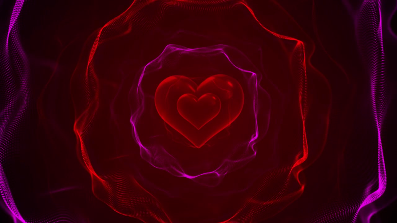 Sfondo con onda a cuore neon rosso, centro romantico, movimento circolare magenta, profondità scura, effetto digitale morbido.