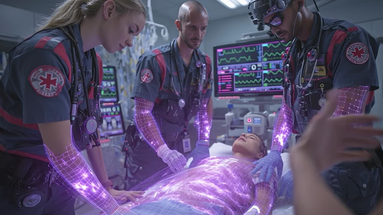 Ospedale futuristico: team di emergenza che fornisce assistenza avanzata