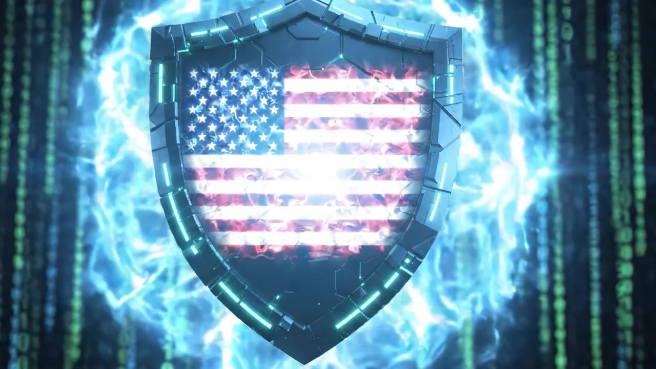 A High-Tech Shield Symbolizing Cybersecurity with a Dynamic Binary Code Background Featuring an American Flag, Representing National Security and Digital Protection