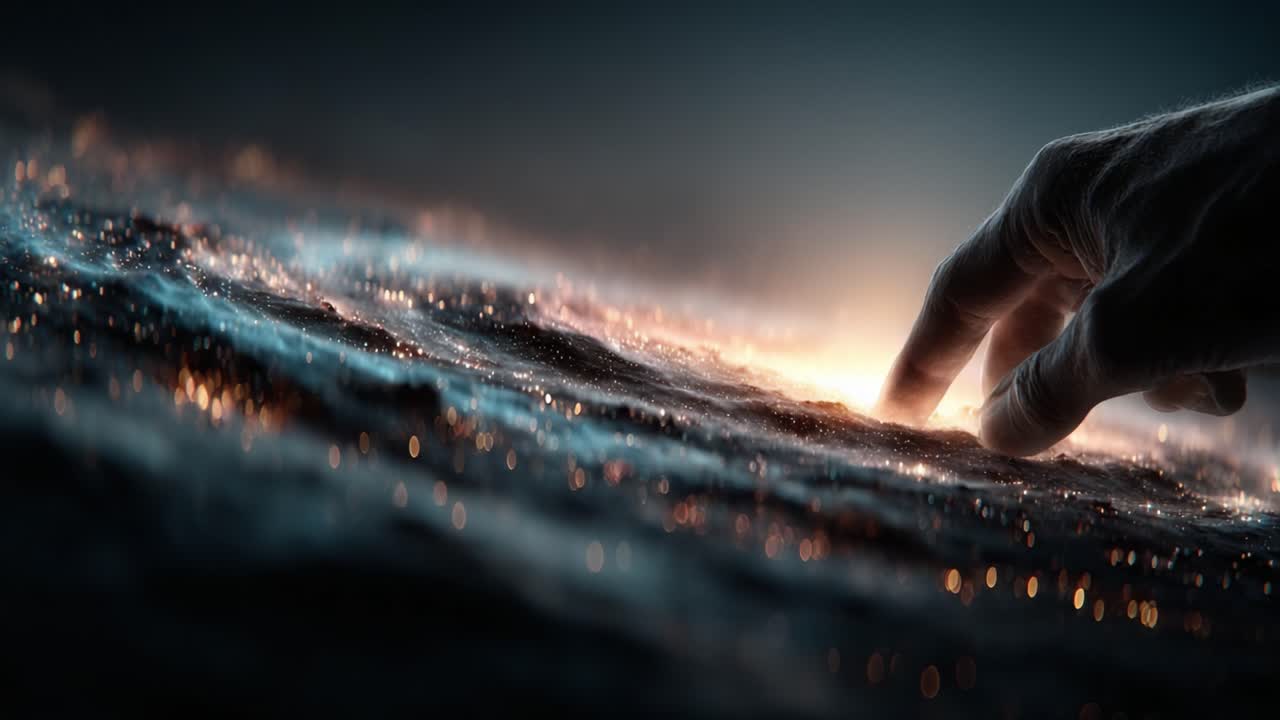 A Mystical Interaction with Cosmic Waters: An Illuminated Hand Reaches Out to Touch the Surging Waves of Light, Connecting the Physical and the Celestial Realms