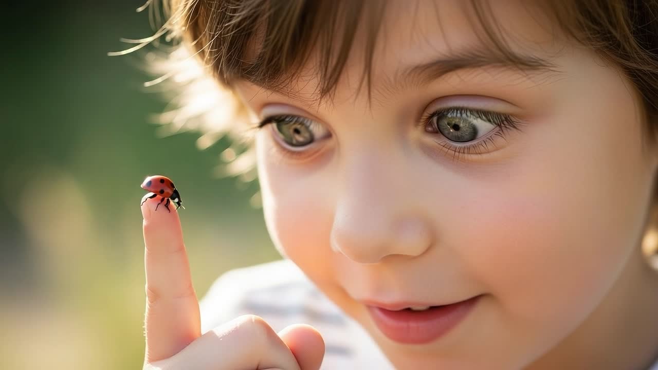Un encuentro fascinante: El deleite de un niño al interactuar con una mariquita en su dedo bajo una luz natural brillante.