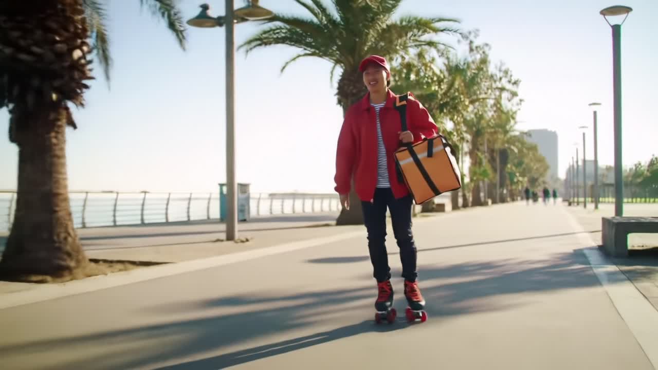 A Young Rollerblader in a Red Jacket and Cap Delivers Goods Along a Palm-Lined Path on a Sunny Day, Showcasing a Vibrant Urban Lifestyle with Energy and Style