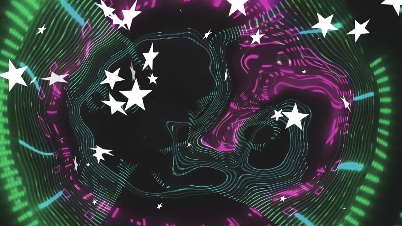Linee di contorno astratte al neon che turbinano su uno sfondo nero, con stelle bianche sparse.