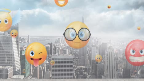 Animation-of-emoji-icons-flying-up-over-cityscape